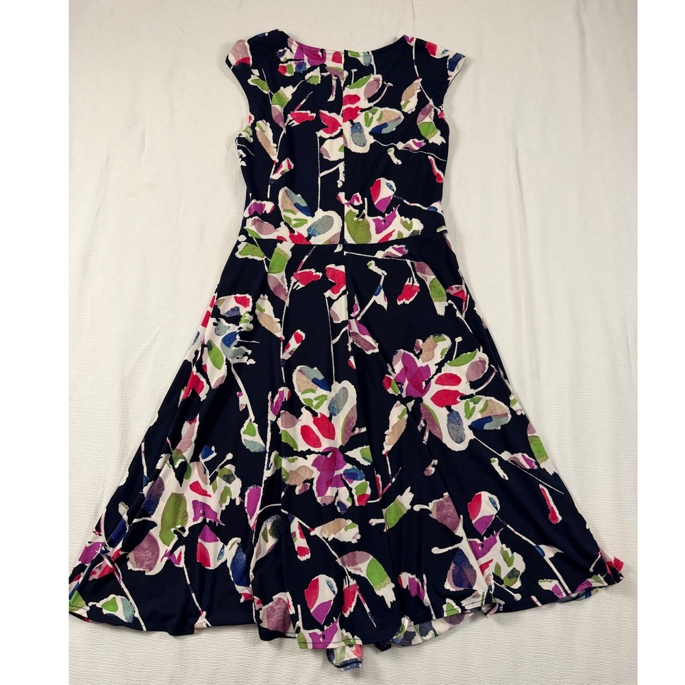 Wisp Navy Blue Floral Keyhole Fit and Flare Dress Size 8 Multicolored Sleeveless